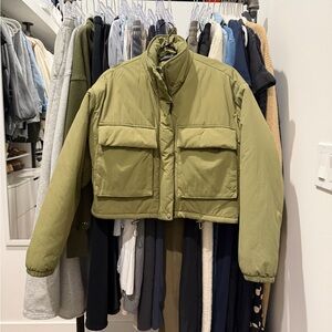 Olive Green Cropped Puffer Jacket. medium